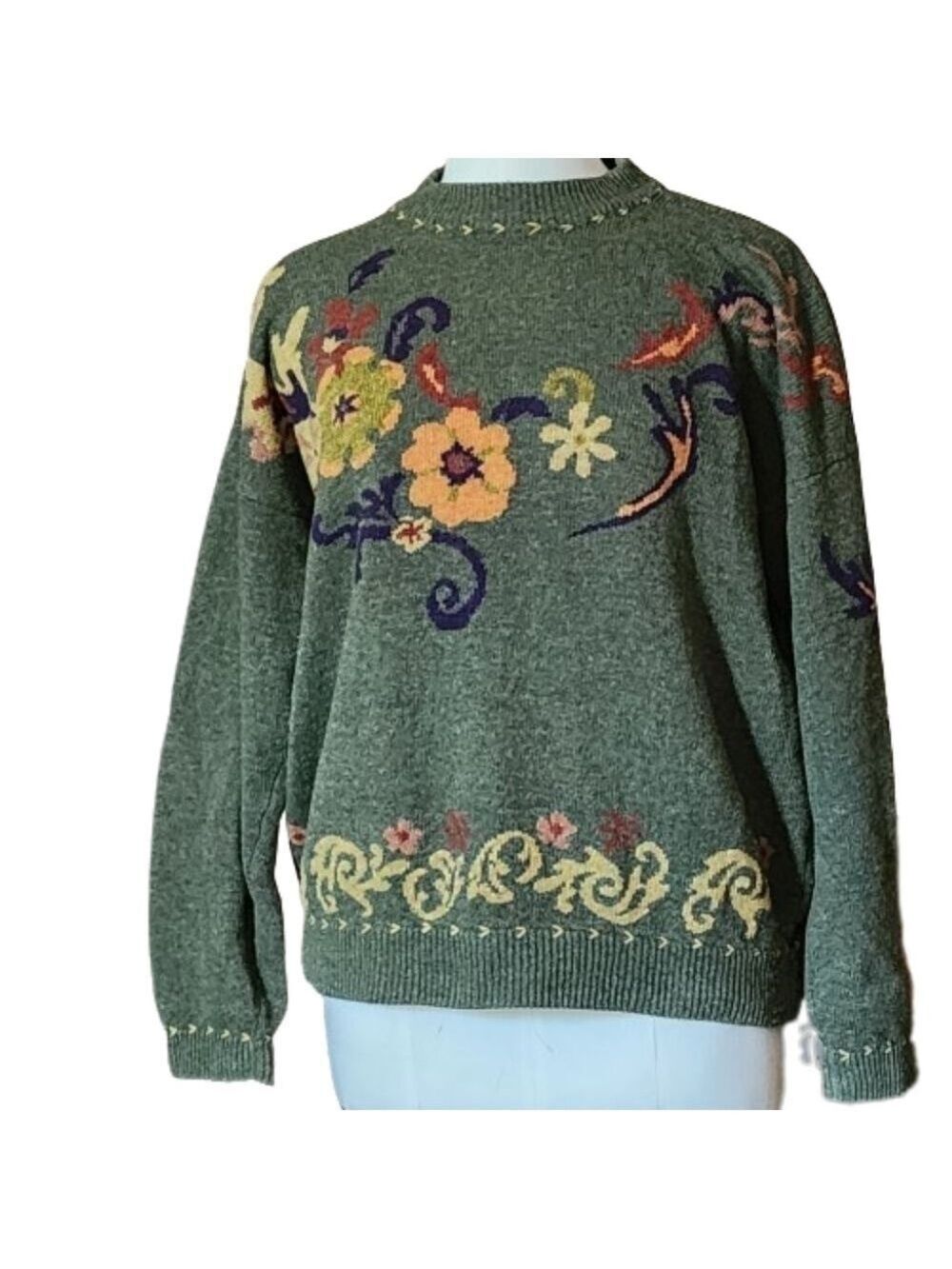 Vintage Esprit floral embroidered sweater pullover color military green …